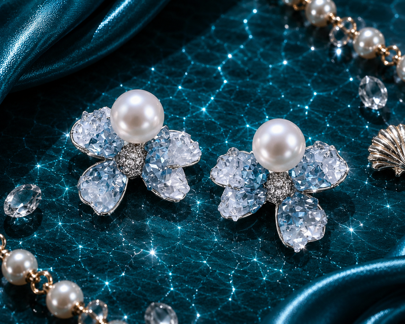 Azure Pearl Bloom Stud Earrings
